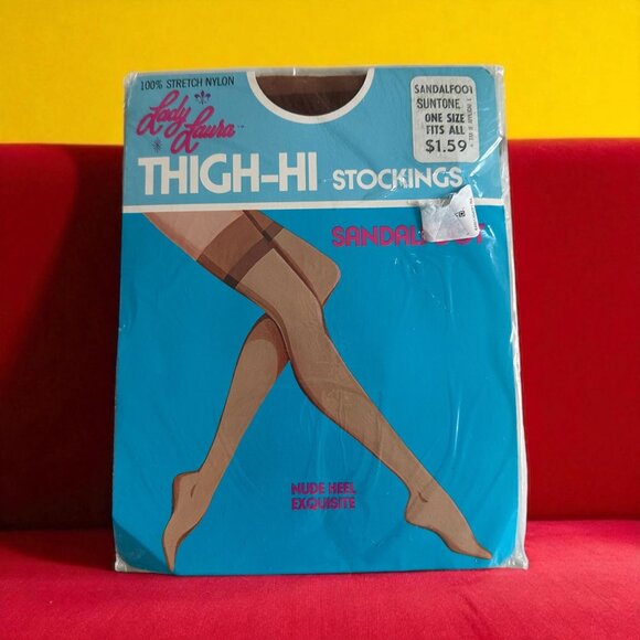 LADY LAURA Vintage 1981 Suntone Sandalfoot Thigh High Stockings One Size NEW NWT - Picture 1 of 6